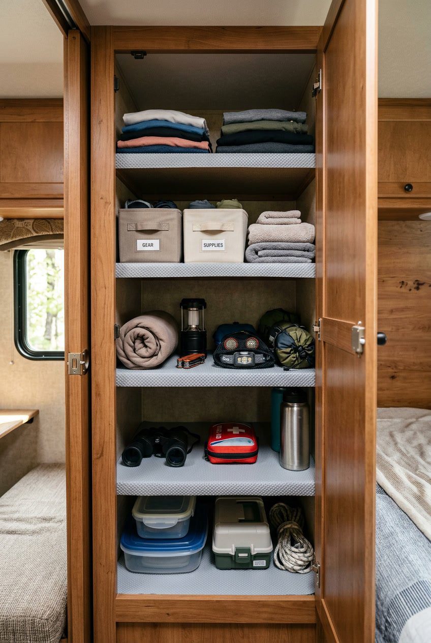 Organized RV closet shelves lined with non-slip shelf liners holding neatly arranged travel items.