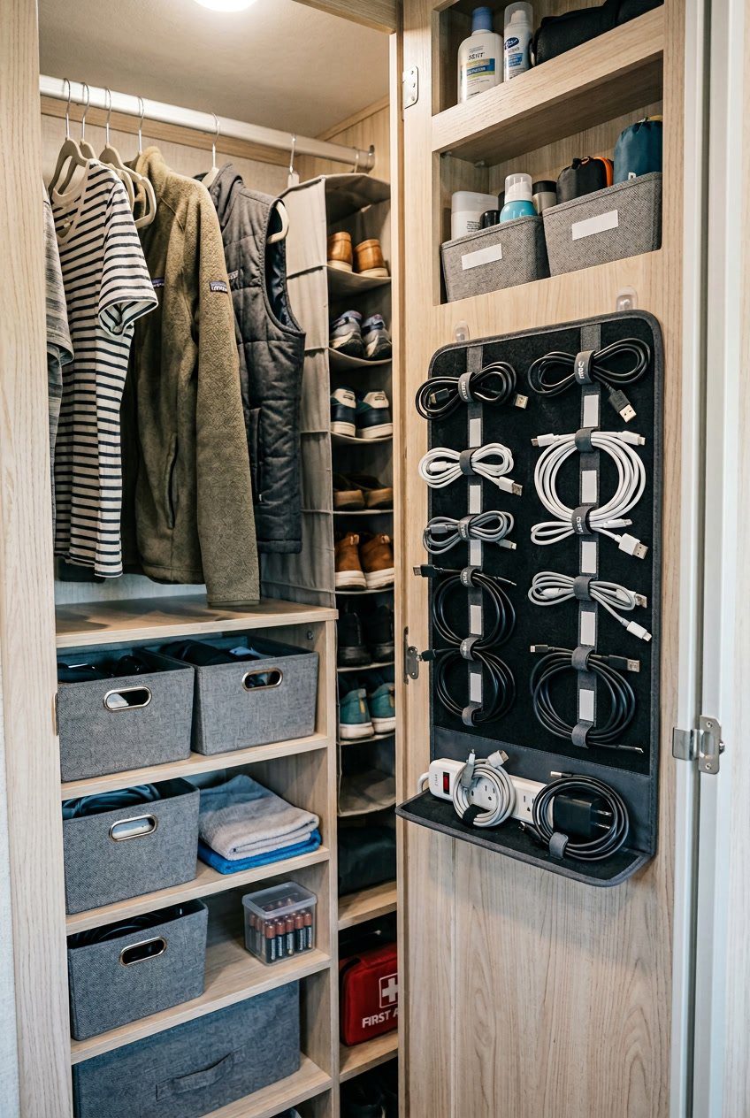 An organized RV closet with a Velcro-backed cord organizer holding charger cables and neatly arranged storage bins and clothes.