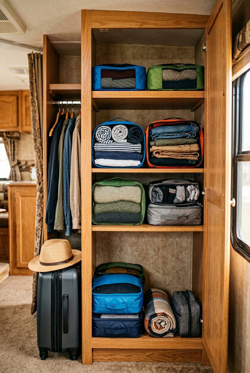 An organized RV closet with colorful packing cubes neatly holding folded clothes on shelves, ready for travel.
