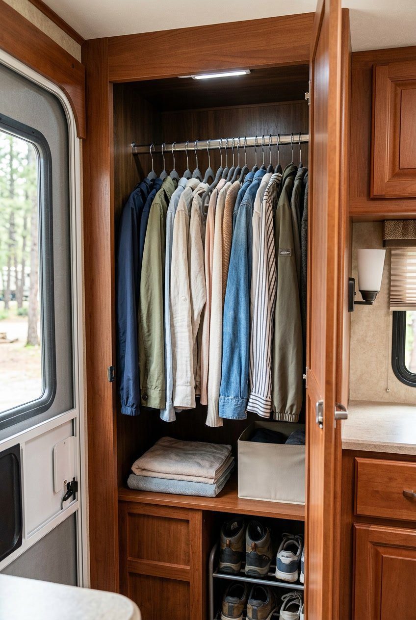 A neatly organized RV closet with slim velvet hangers holding clothes, showing efficient use of limited space.