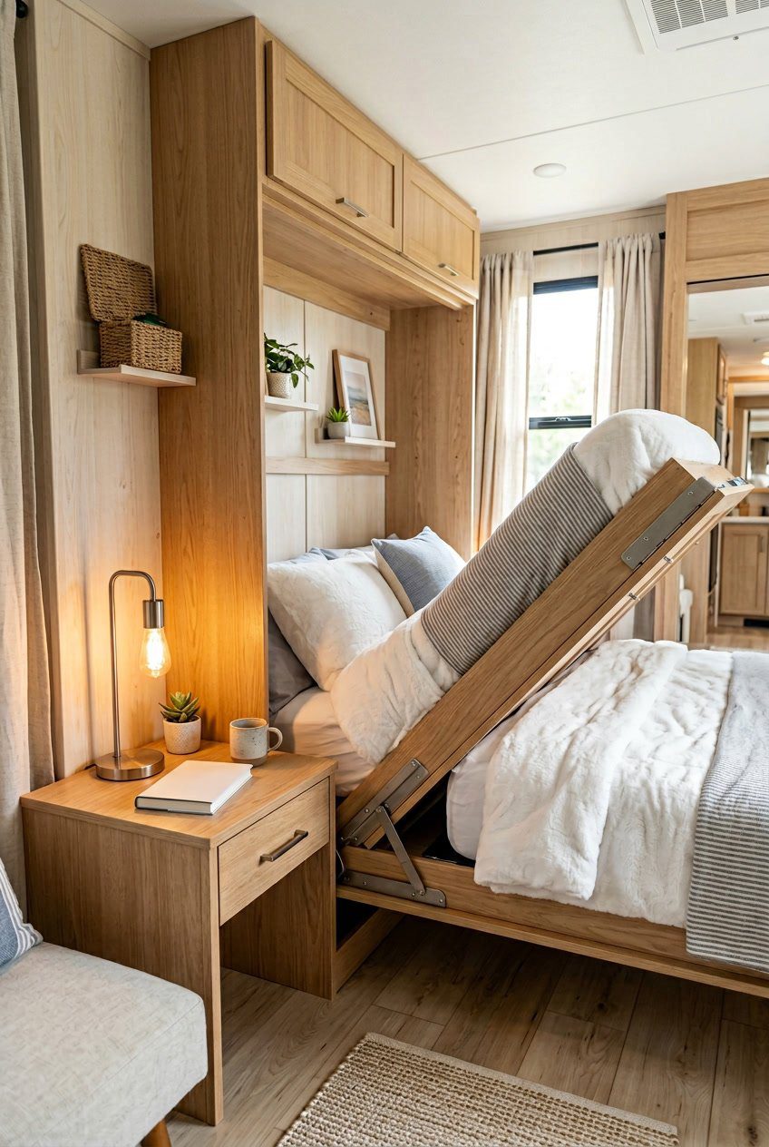 Compact RV bedroom with a fold-down Murphy bed and attached nightstand, featuring bright natural light and organized space.