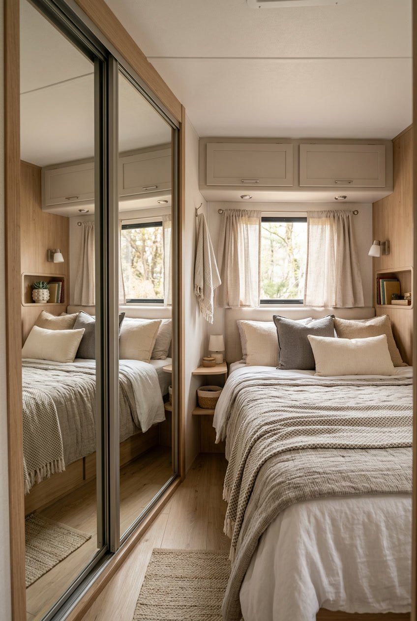 Small RV bedroom with mirrored sliding closet doors reflecting the bed and interior, making the space appear larger.