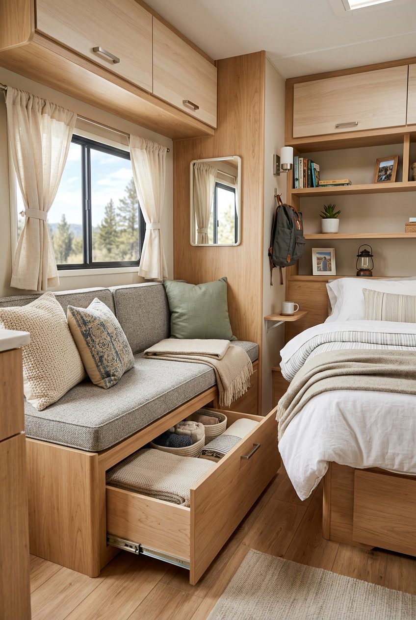 Small RV bedroom with a bench that has hidden storage underneath, showing an organized and cozy compact living space.