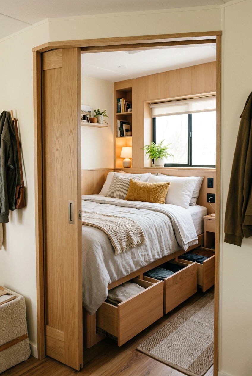 Small RV bedroom with a slim pocket door open, showing a compact bed with storage underneath and natural light coming through a window.