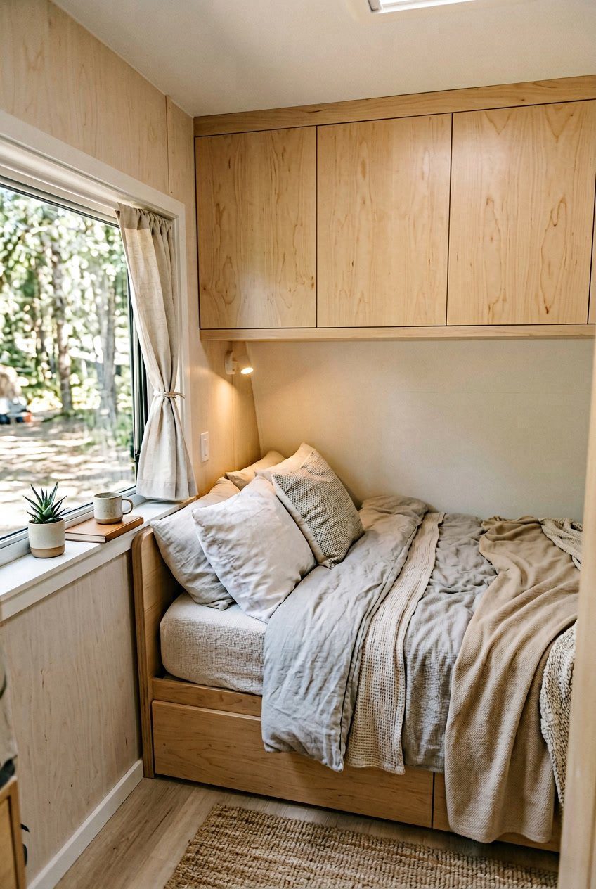 Small RV bedroom with overhead cabinets and a neatly made bed in a compact space.