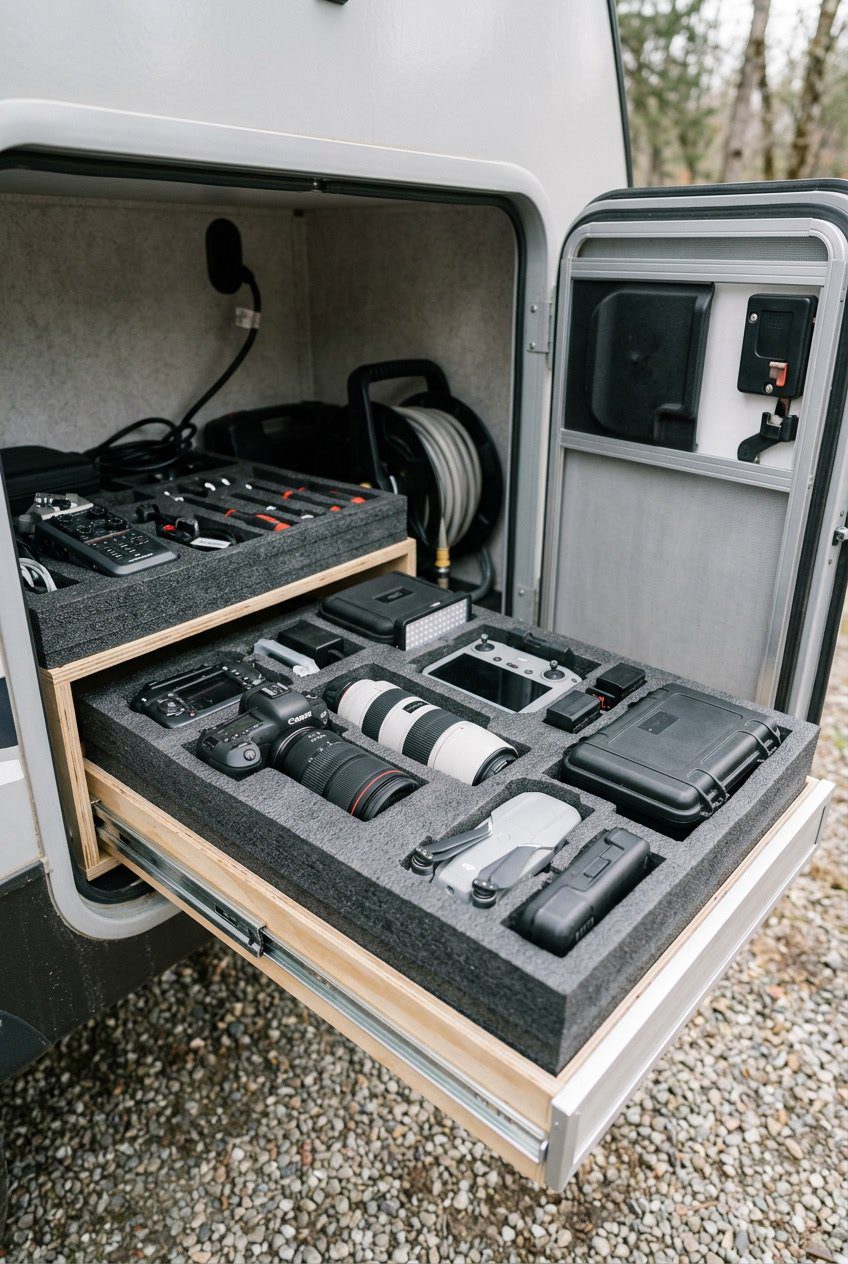 Open RV basement storage compartment with custom-cut foam inserts holding fragile gear securely.