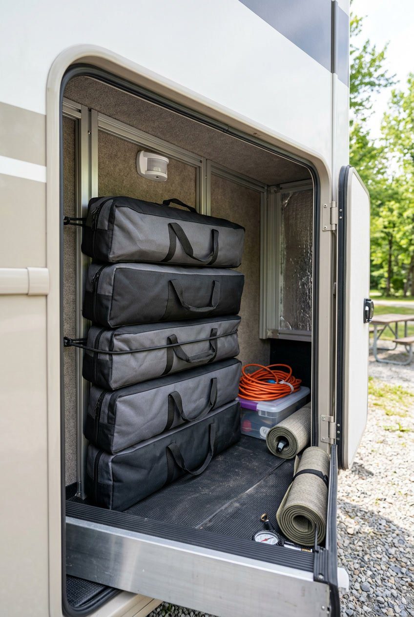 Fold-flat camping chairs stored neatly in sleeves inside an organized RV basement storage compartment.