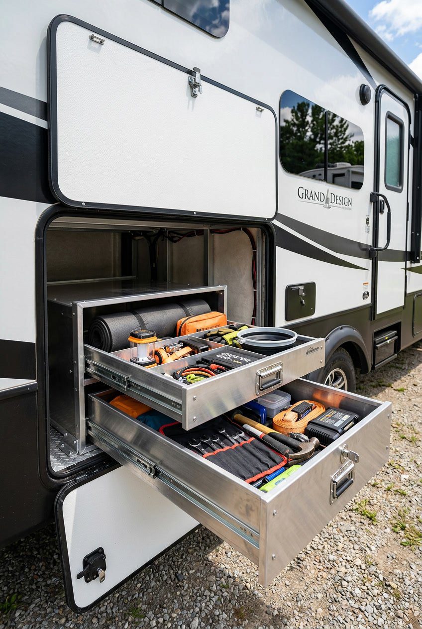 Open aluminum slide-out drawers in an RV basement storage compartment filled with organized camping gear.