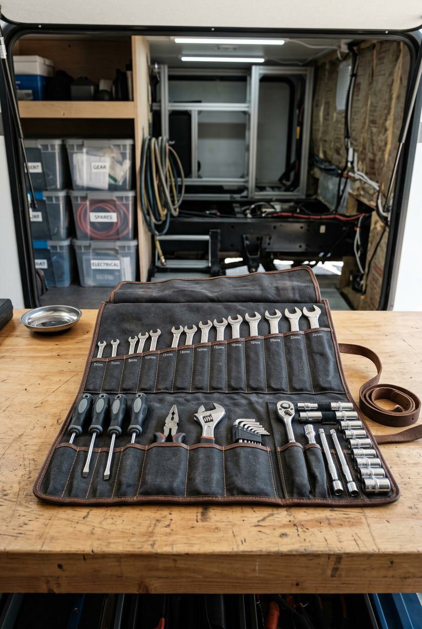 An open tool roll organizer filled with mechanic tools laid out on a workbench near RV storage compartments.