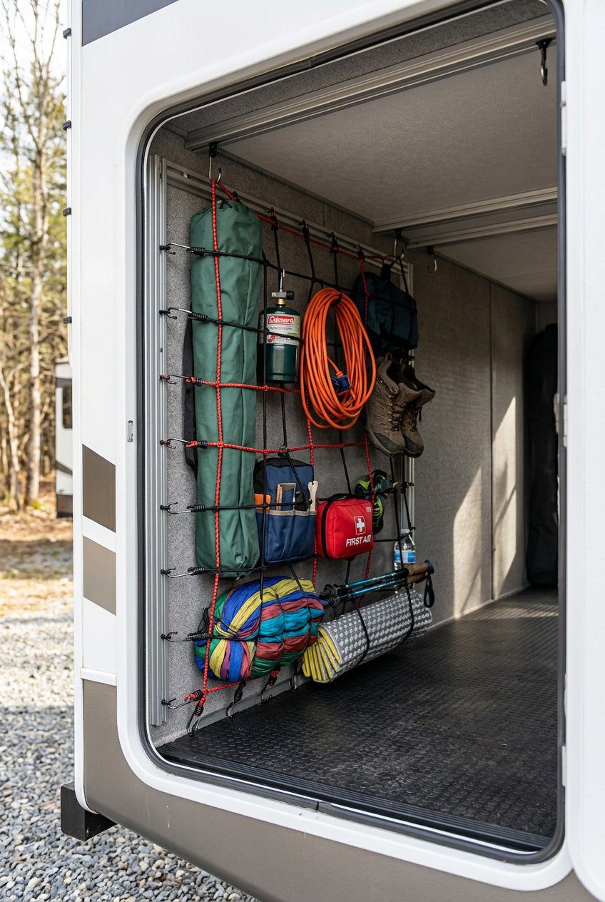 An organized RV basement storage compartment with adjustable bungee cords securing various camping gear and tools.