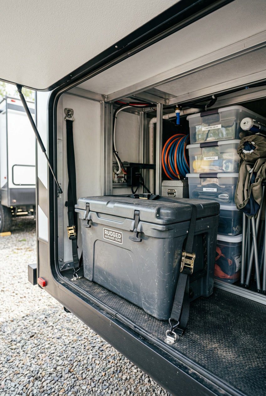 Insulated cooler box secured with tie-down straps inside an organized RV basement storage compartment.