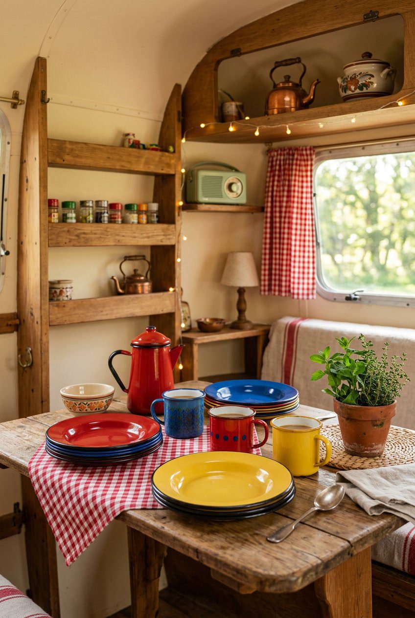 A wooden table with colorful enamelware plates and mugs arranged in a cozy camper or kitchen setting.