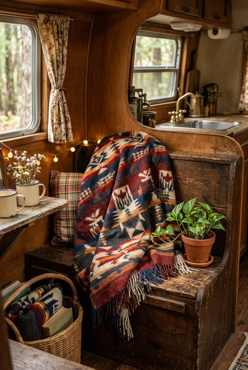 Interior of a vintage camper with a wool blanket draped over a wooden bench surrounded by plants and rustic decor.
