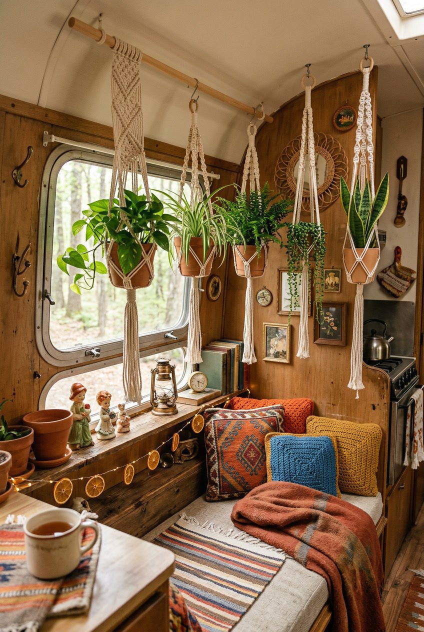 Interior of a vintage camper with hanging macramé plant holders and various decorative items arranged around a window.