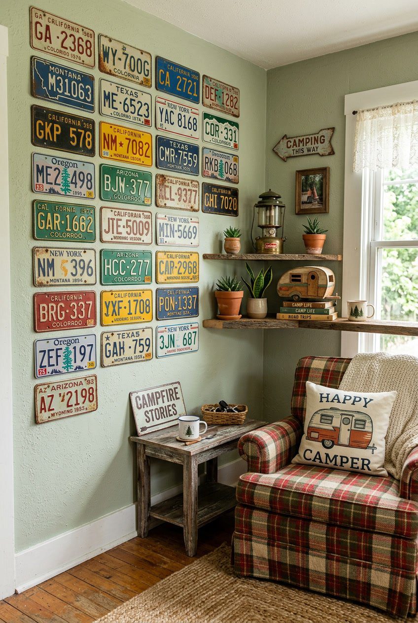 A cozy interior wall decorated with vintage license plates and camper-themed decor including plants and a lantern.
