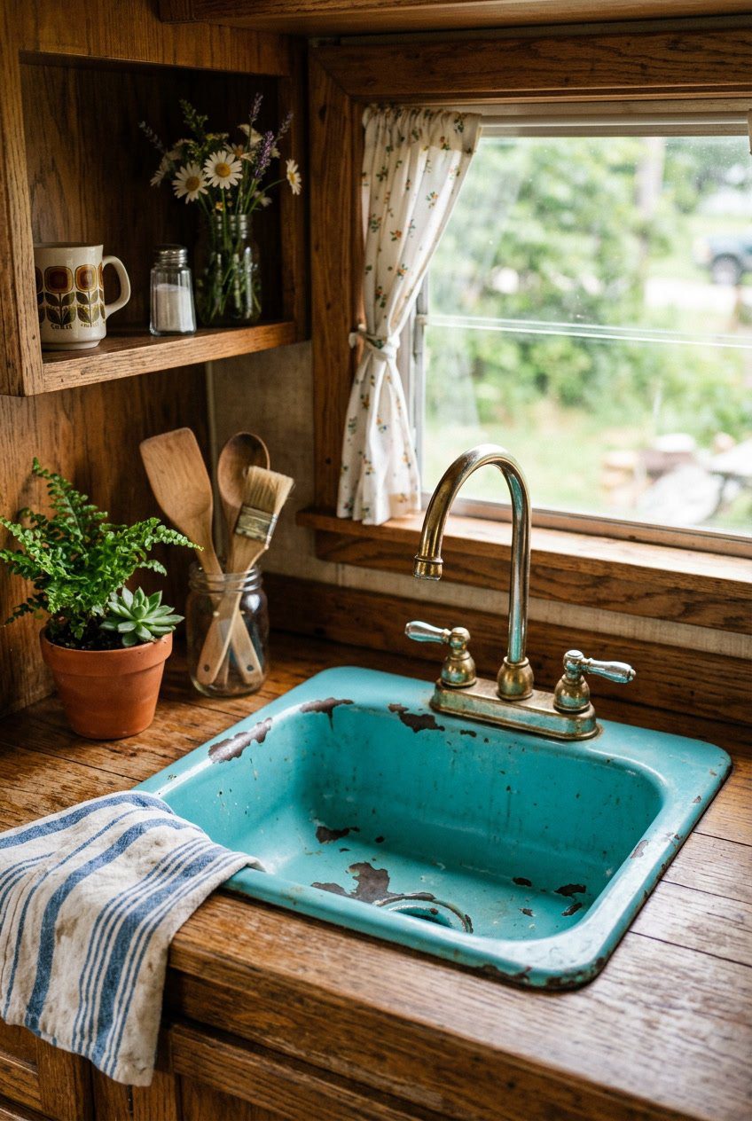 Close-up of a turquoise chipped enamel sink inside a vintage camper with wooden countertops and kitchen utensils nearby.