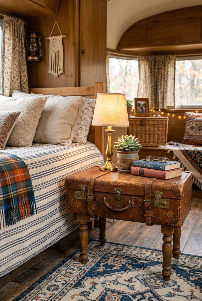 An upcycled suitcase used as a nightstand next to a bed inside a vintage camper, with a lamp, plant, and books on top.
