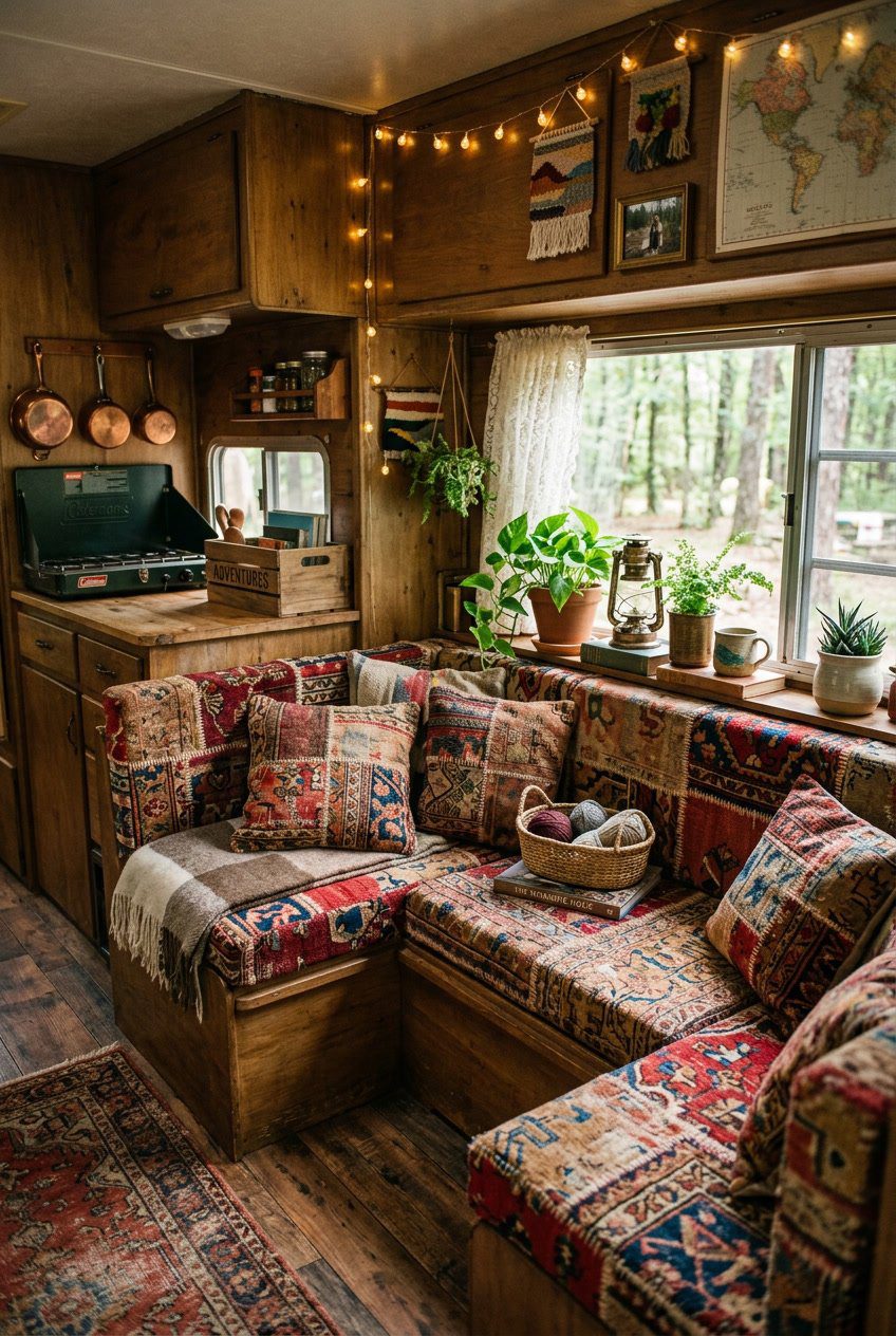 Interior of a vintage camper decorated with colorful patchwork rugs, plants, and rustic decor items.