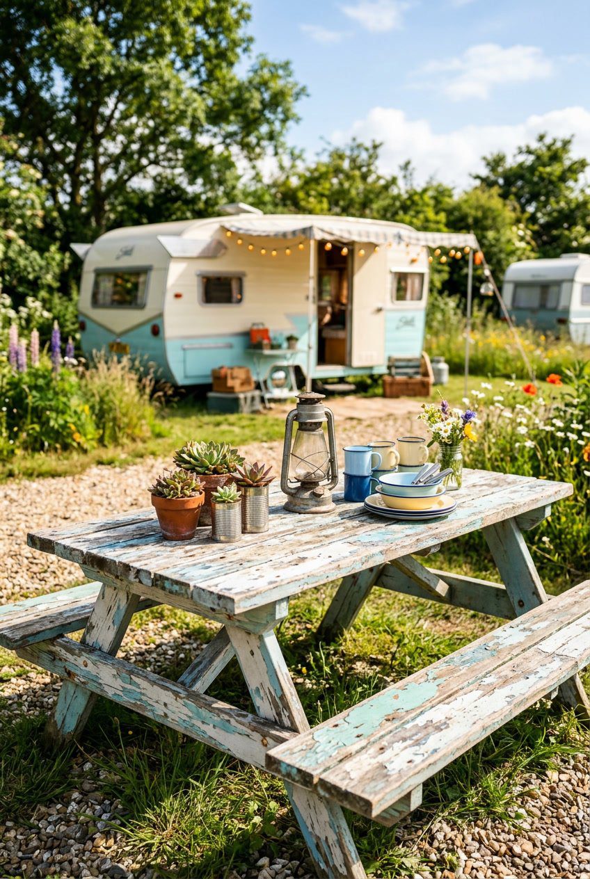 A weathered wooden picnic table with peeling paint outdoors near a vintage camper trailer surrounded by plants and rustic decor.