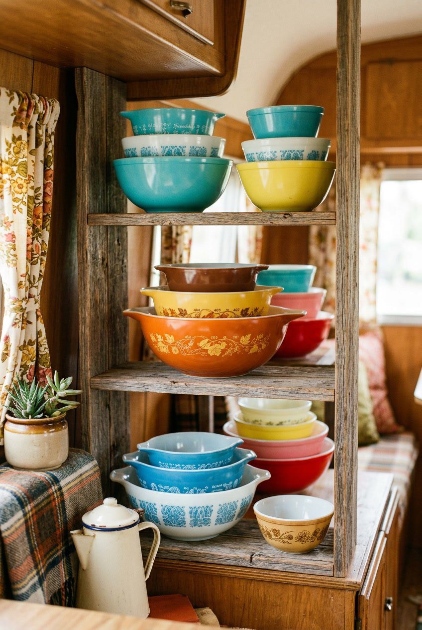 A display of colorful vintage Pyrex mixing bowls arranged on wooden shelves with small plants and rustic decor around them.