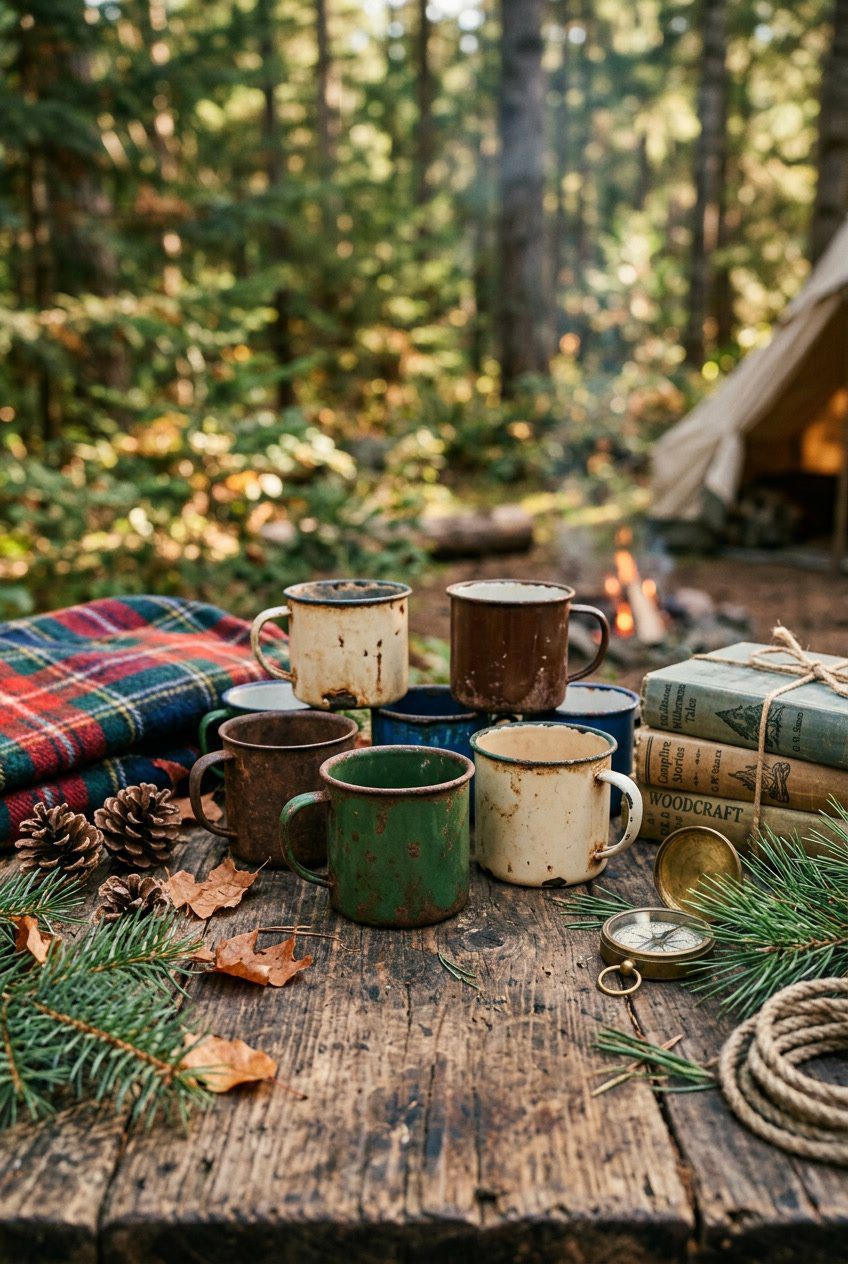 A collection of rusty metal camping mugs arranged on a wooden surface with natural outdoor elements around them.