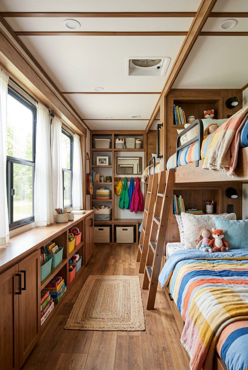 An RV bunkroom with multiple bunk beds, colorful bedding, storage shelves, and natural light coming through windows.