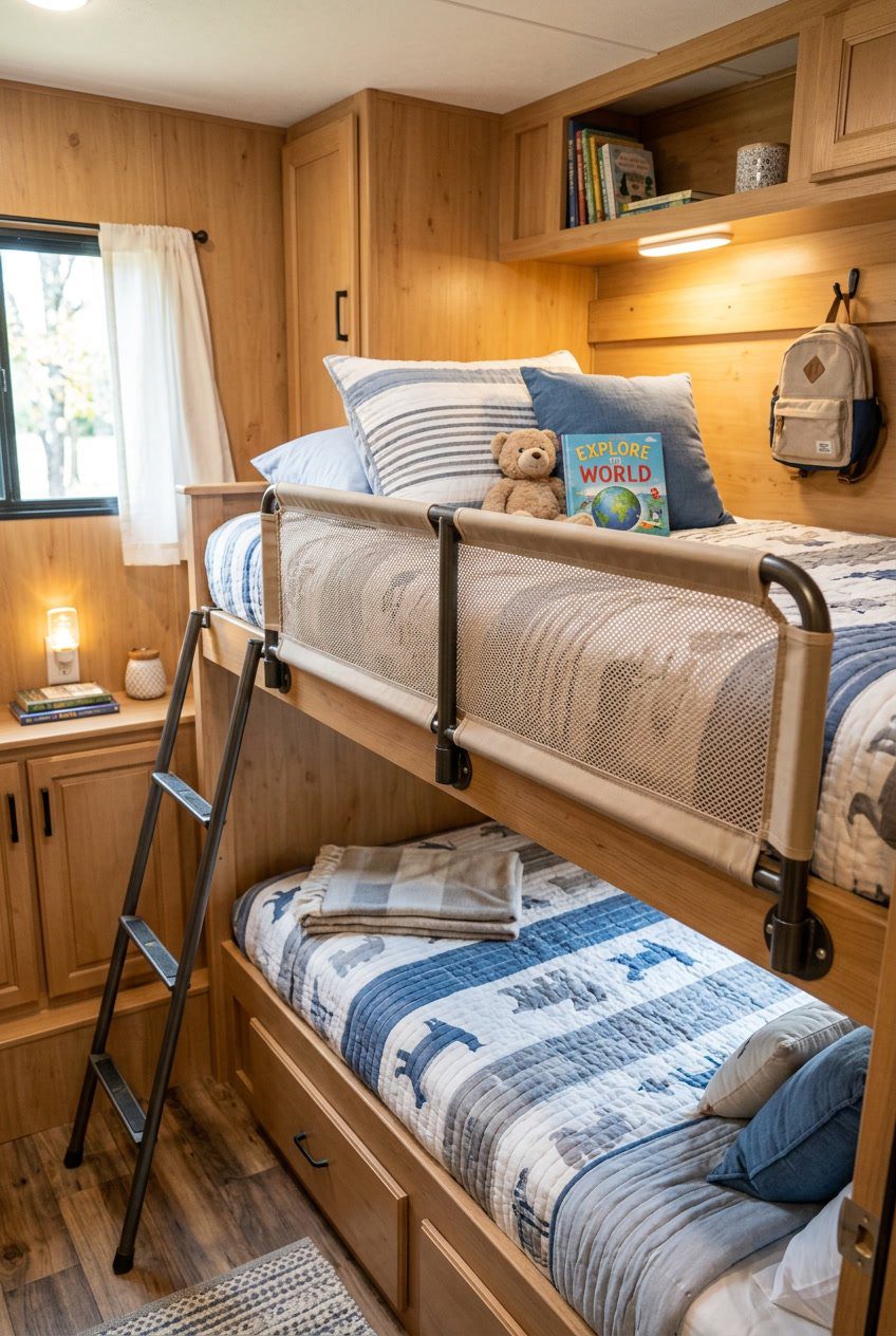 Interior of an RV bunkroom showing an upper bunk bed with a safety rail made of mesh netting.