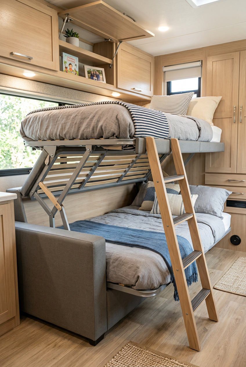 Interior of an RV showing a convertible sofa partially folded into a bunk bed with pillows and blankets, surrounded by storage compartments.