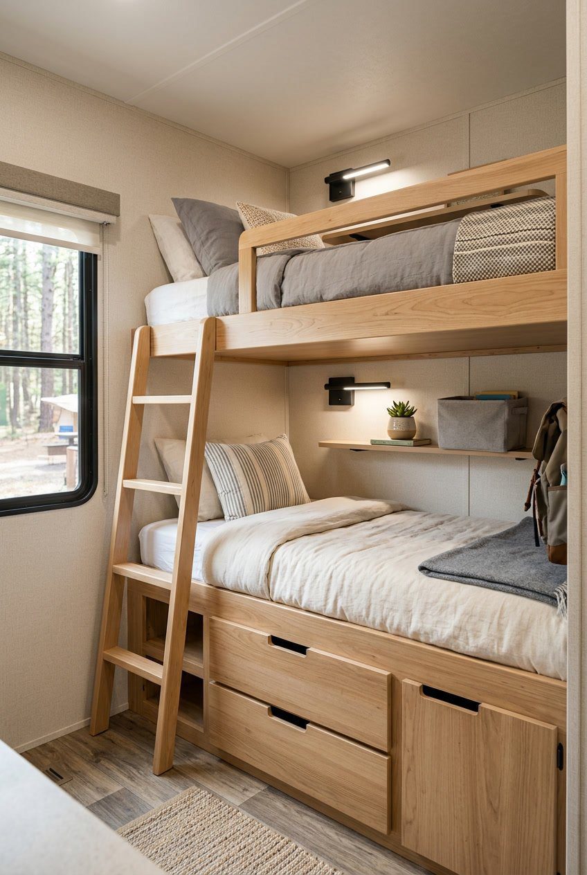 Stacked twin bunk beds with built-in storage drawers in a compact RV bunkroom with natural light.
