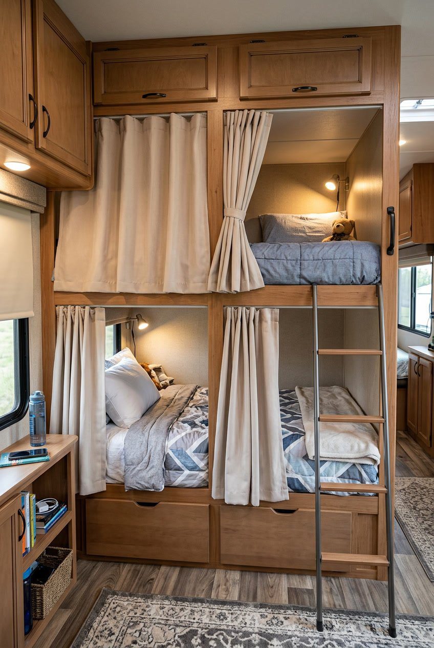 Interior of an RV bunkroom with multiple bunk beds separated by privacy curtains.
