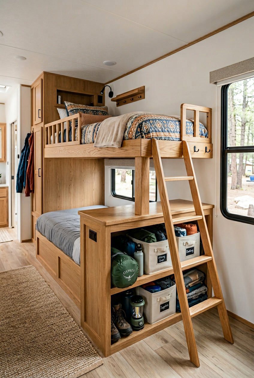 An elevated bunk bed with a storage cubby underneath inside an RV bunkroom, showing organized gear and cozy bedding.