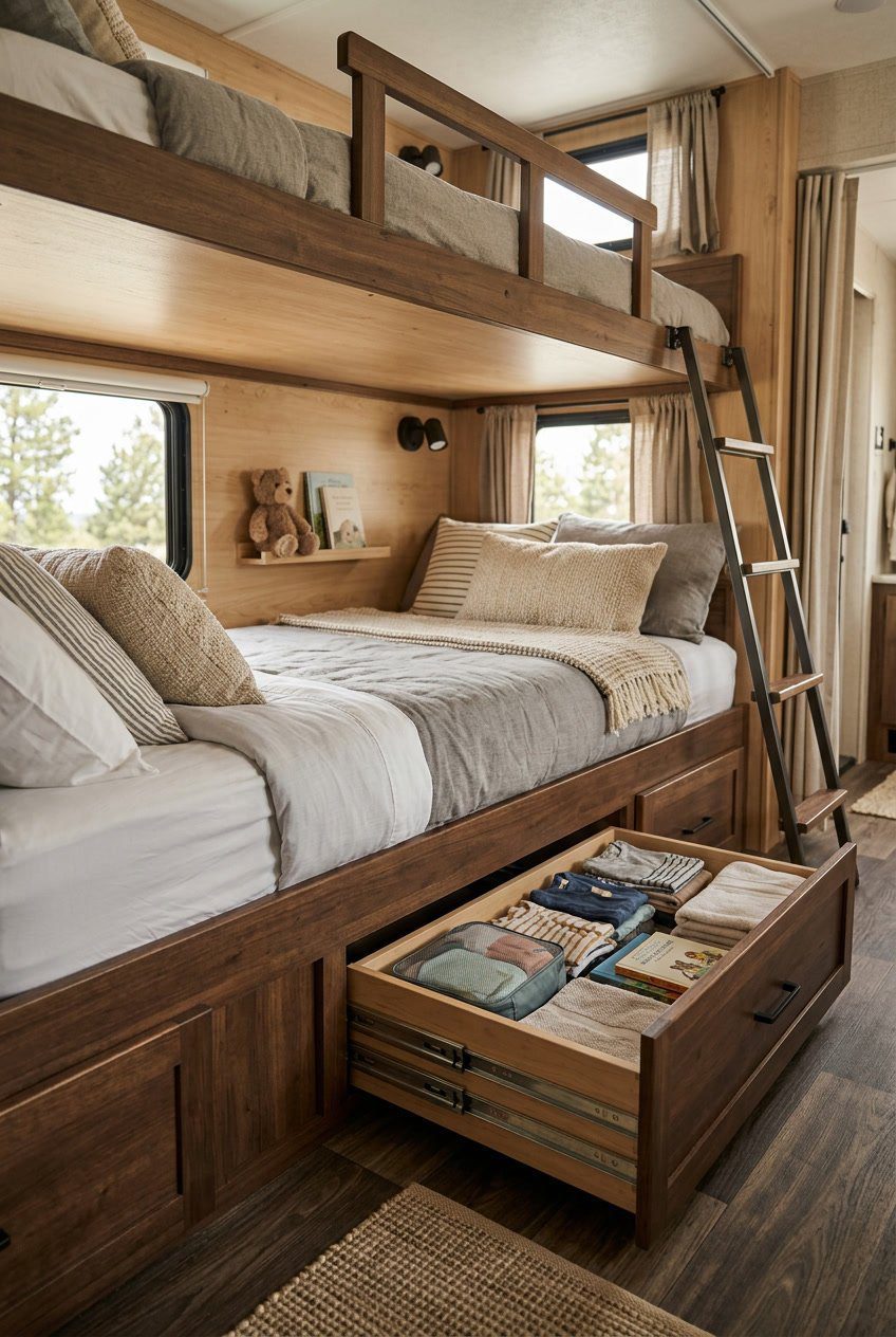 Interior of an RV bunkroom with bunk beds and under-bunk drawers partially open showing organized storage.