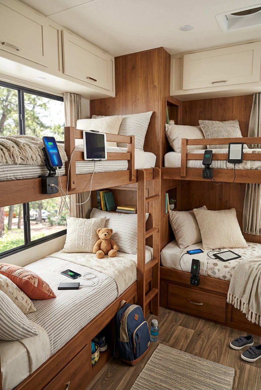 An RV bunkroom with multiple bunk beds and clip-on USB charging stations attached to the bed frames, showing devices charging in a cozy family sleeping space.