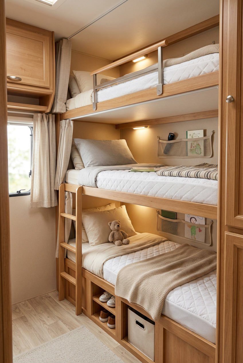 RV bunkroom with multiple bunk beds featuring ventilated mattress covers, natural light, and cozy bedding, designed for family sleeping space.