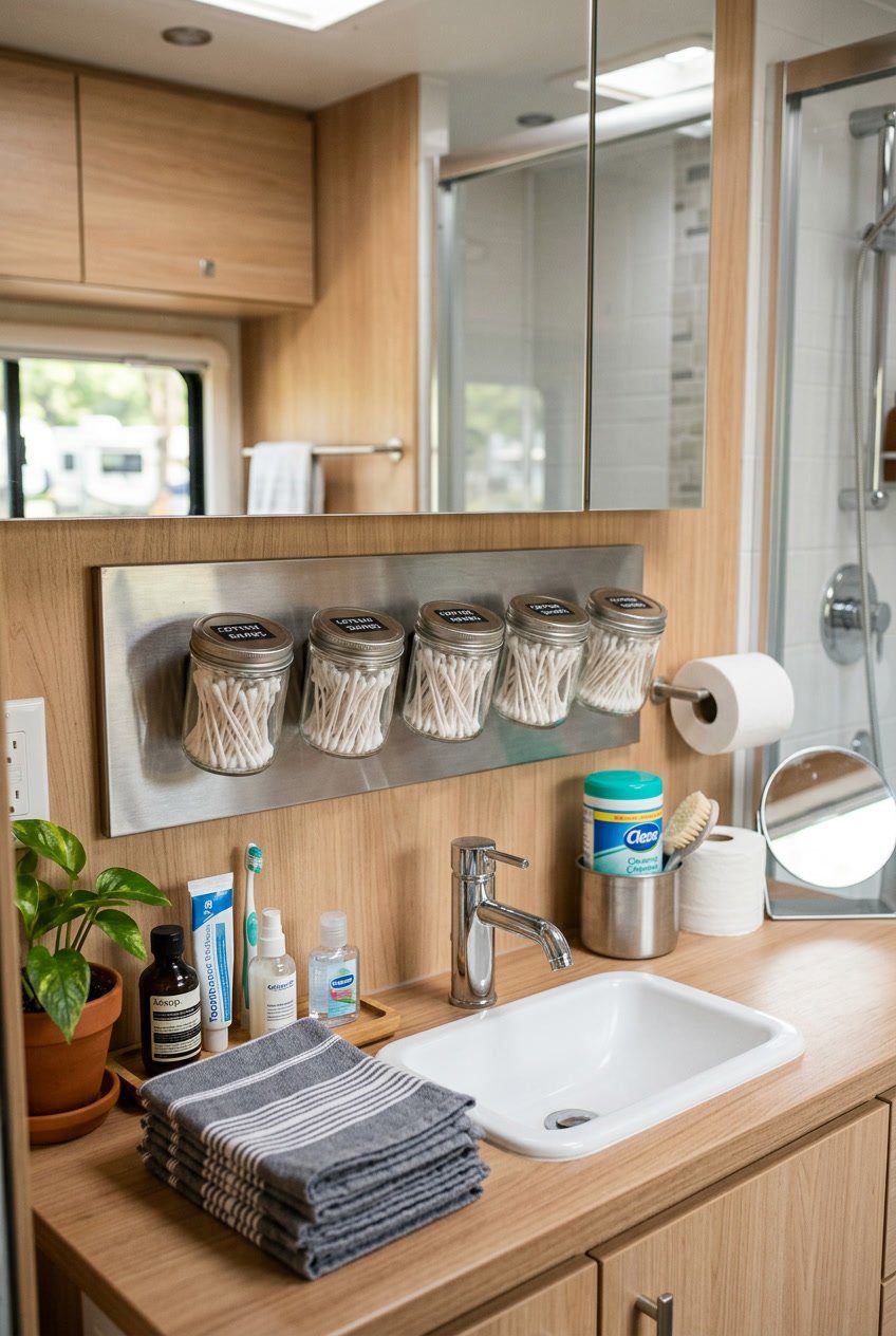 RV bathroom countertop with magnetic jars holding cotton swabs and neatly organized toiletries and towels.