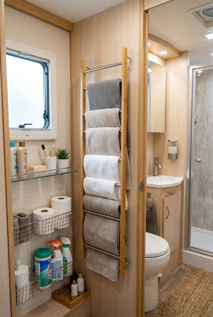 Compact RV bathroom with a wall-mounted towel ladder holding folded towels and organized storage for toiletries and cleaning supplies.