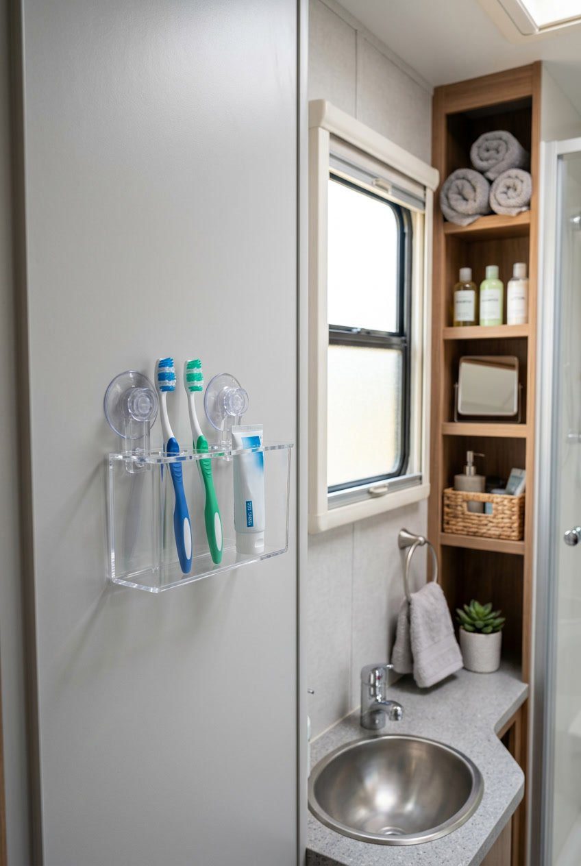 Clear acrylic toothbrush holder with suction cups attached to an RV bathroom wall, holding toothbrushes, with shelves of toiletries, towels, and cleaning supplies in the background.