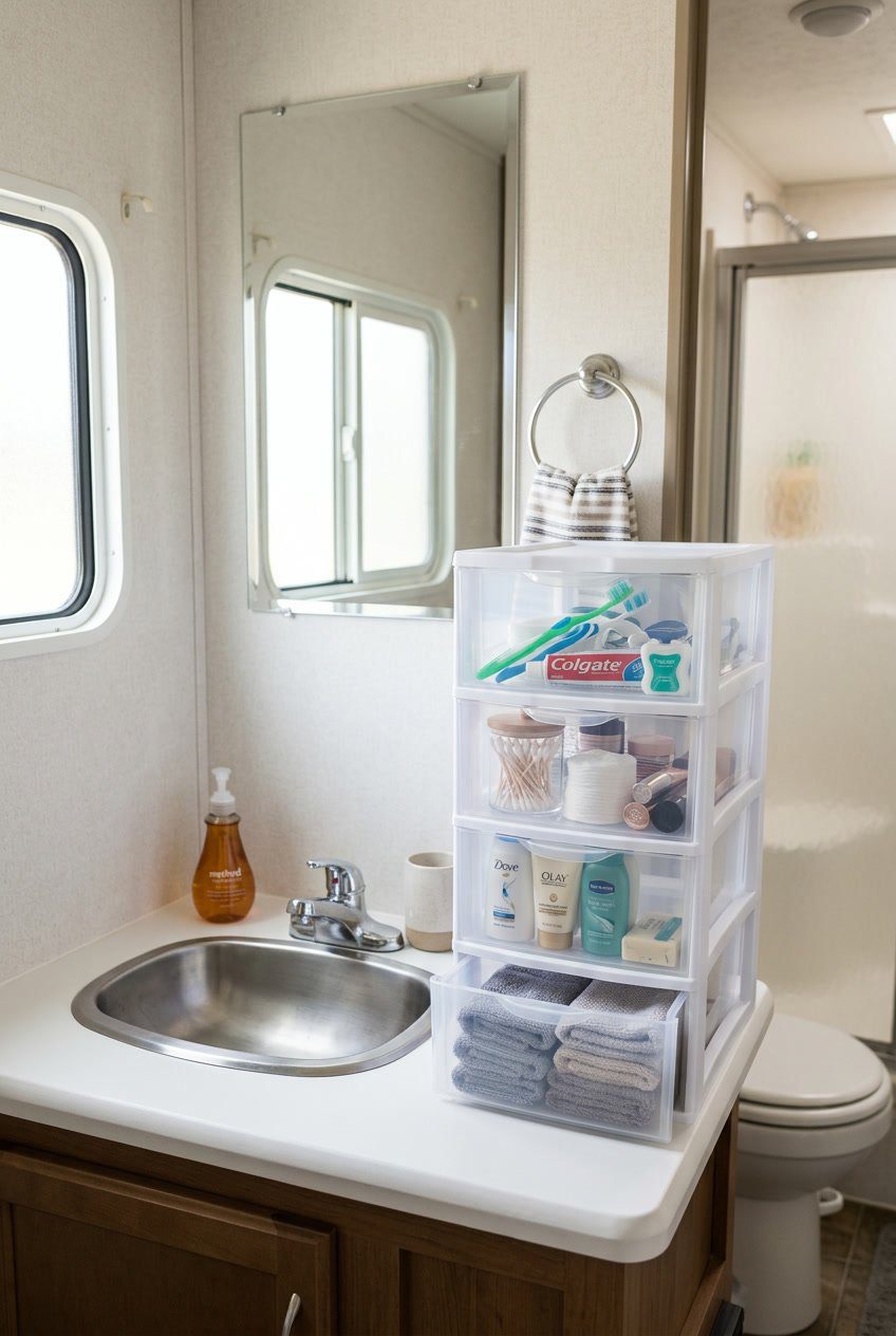 An RV bathroom with stackable plastic drawer organizers neatly storing toiletries and towels on a countertop.