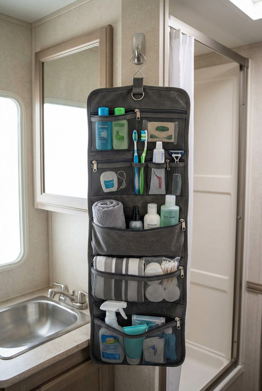 A hanging toiletry caddy with zippered pockets filled with toiletries inside a compact RV bathroom.