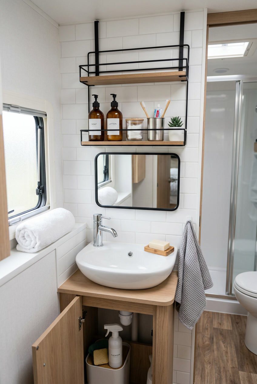 An RV bathroom with a hanging shelf above the sink holding soap and lotion bottles, towels nearby, and cleaning supplies in the background.