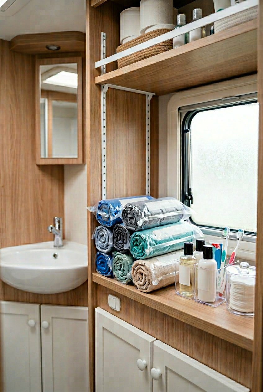 Vacuum-sealed rolled towels neatly stored in an organized RV bathroom storage area with toiletries and cleaning supplies.