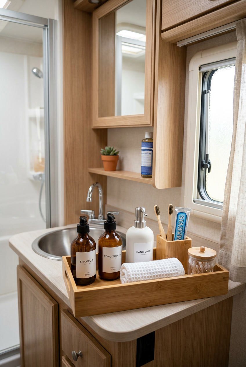 Bamboo countertop organizer tray with toiletries and towels in a compact RV bathroom.