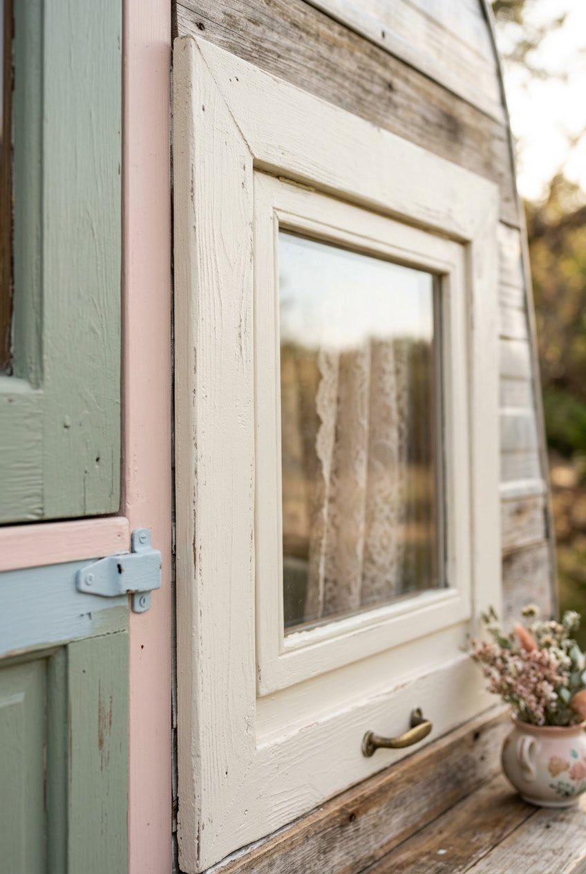 Close-up of a camper's trim painted in a soft creamy off-white color with pastel-colored accents around it.
