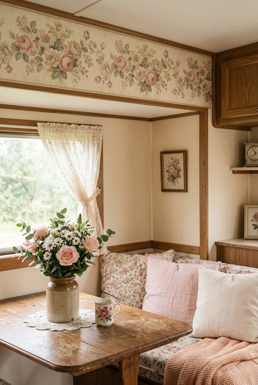 Interior corner with faded rose wallpaper border, a wooden table with a vase of flowers, and cushions in soft pastel colors.