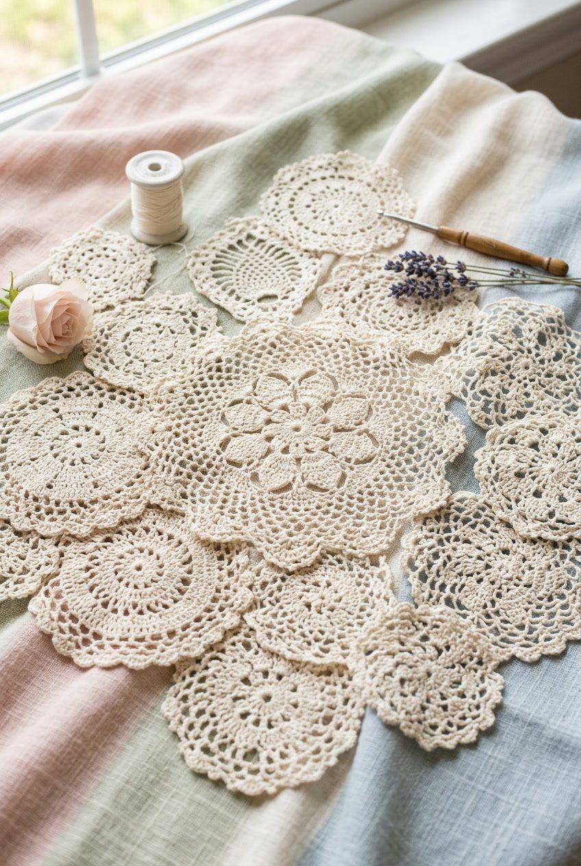 A close-up of several ivory crochet doilies arranged on a soft pastel background with gentle natural lighting.