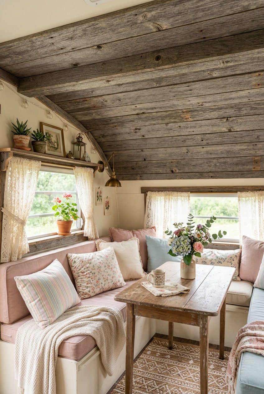 Interior of a camper with a weathered gray wooden ceiling and soft pastel-colored furnishings and decorations.