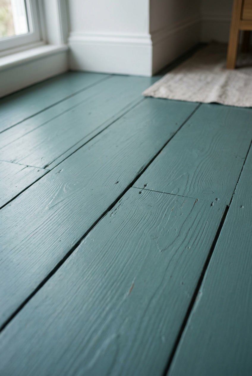 Close-up of a muted teal painted wooden floor with visible grooves and natural texture under soft lighting.