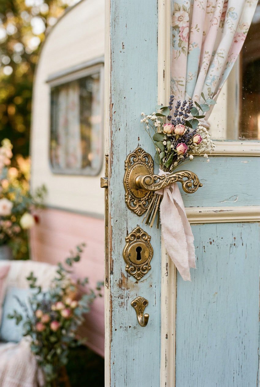 Close-up of antique gold brass fixtures on a vintage camper door with soft pastel colors and floral accents in the background.
