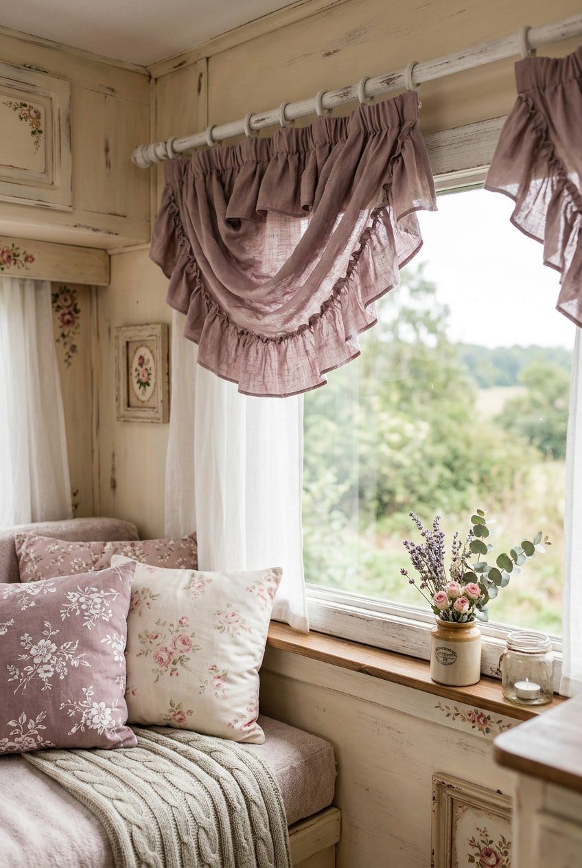 Camper window with dusty mauve ruffled valances and soft pastel-colored interior accents.