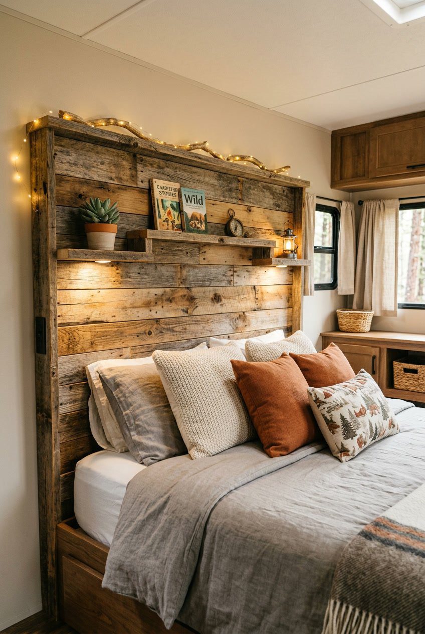 A camper bedroom with a rustic wood plank headboard featuring floating shelves holding decorative items above a neatly made bed.